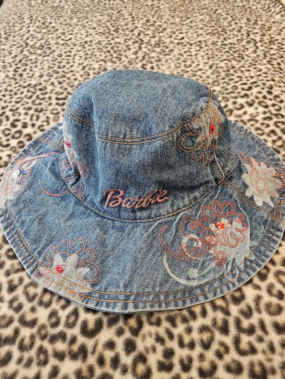 2003 Barbie Avenue Denim Floral Embroidered Girls Bucket Hat, GUC, 100% Cotton